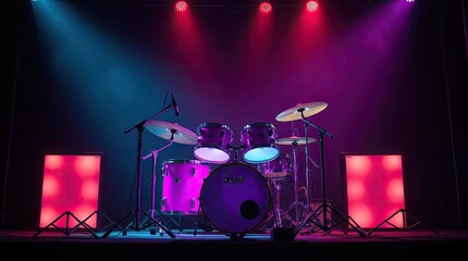 Pink and Blue Lit Stage with Drum Kit Setup