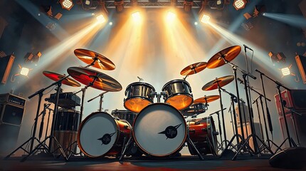 Powerful Stage Drum Kit Under Bright Lights