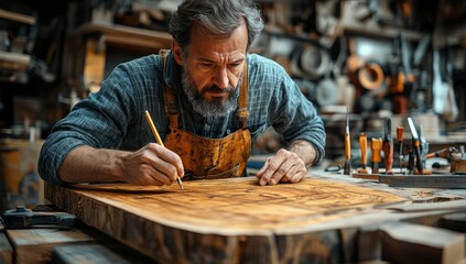 Craftsman paints wooden plank