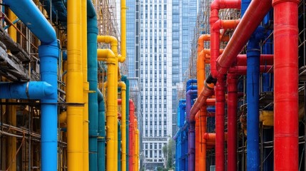Colorful pipes and cables on construction site with modern architecture backdrop