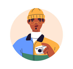 Modern man with film camera, face avatar. Creative young photographer in beanie hat. Trendy street-style male user profile, head portrait. Flat vector illustration isolated on white background