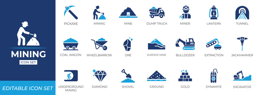 Mining icon set featuring industry tools, minerals, working, diamond, investment, truck, cut-out, bomb, dump truck,  and mining operations symbols for business and education projects.