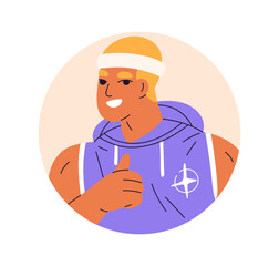 Happy man athlete with thumb up gesture, face avatar. Smiling sportsman, gym coach, fitness trainer, head portrait in circle. Sporty user profile. Flat vector illustration isolated on white background