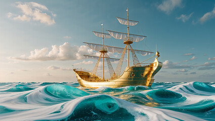 Obraz premium Golden galleon sailing on wavy ocean at sunset, exploration, adventure, and luxury