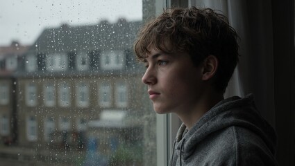 Teen ponders by rainy window
