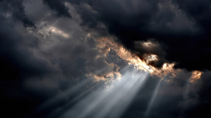 Fototapeta premium Dramatic Dark Clouds with Light Piercing Through After Heavy Rainfall in a Captivating Sky Scene