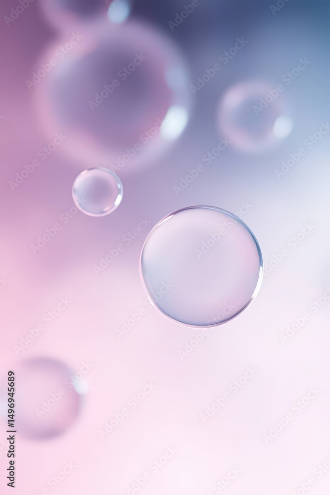 Poster bubbles floating in soft pastel colors create a dreamy atmosphere in a serene setting