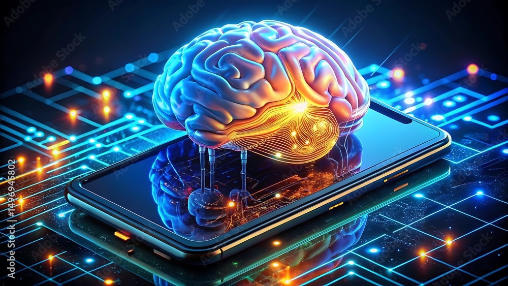 Poster artificial brain resting on a smartphone screen displaying glowing electronic circuits, symbolizing 