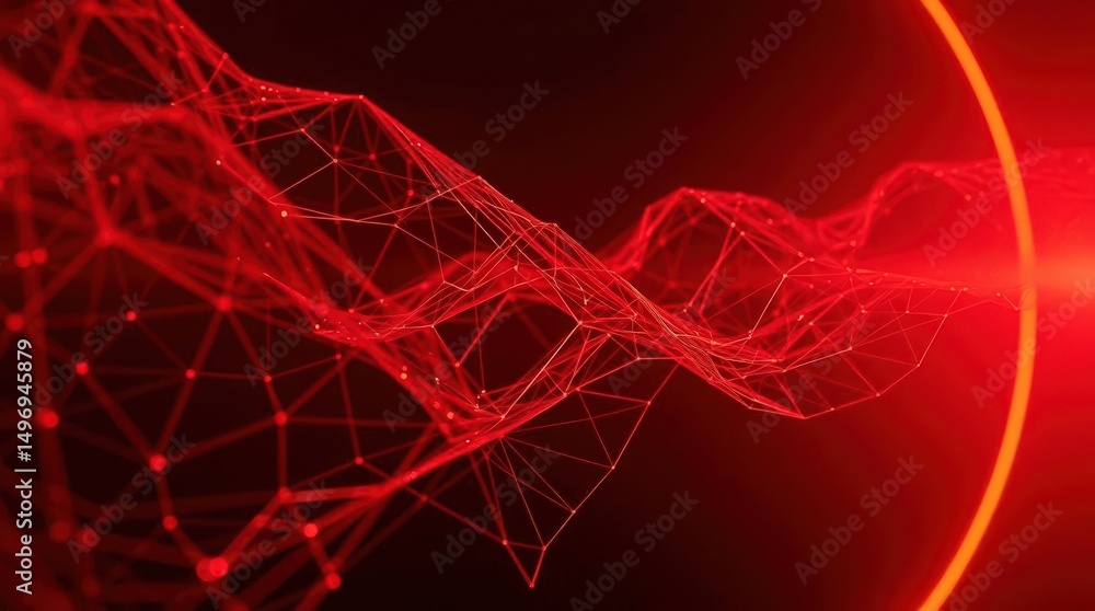 Poster vibrant red network waves create an abstract digital landscape with luminous connections and flowing