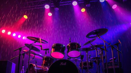 Rain-Soaked Stage with Drum Kit Under Vivid Lights