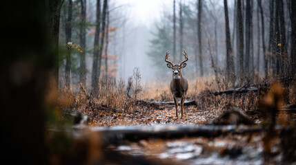 Majestic Deer Standing in Forest Clearing During Gentle Drizzle Surrounded by Autumn Foliage
