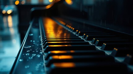 Rainy Night Piano Keys Close-Up Shot