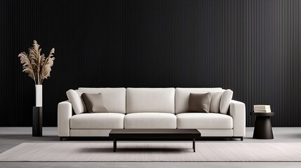 Elegant living room interior featuring a stylish white couch, dark accent wall, and refined decorative elements.