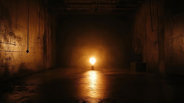A dark room with a single illuminated lightbulb creating a dramatic effect.