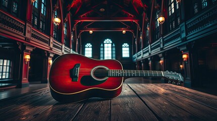Red Acoustic Guitar in Grand Hall Setting