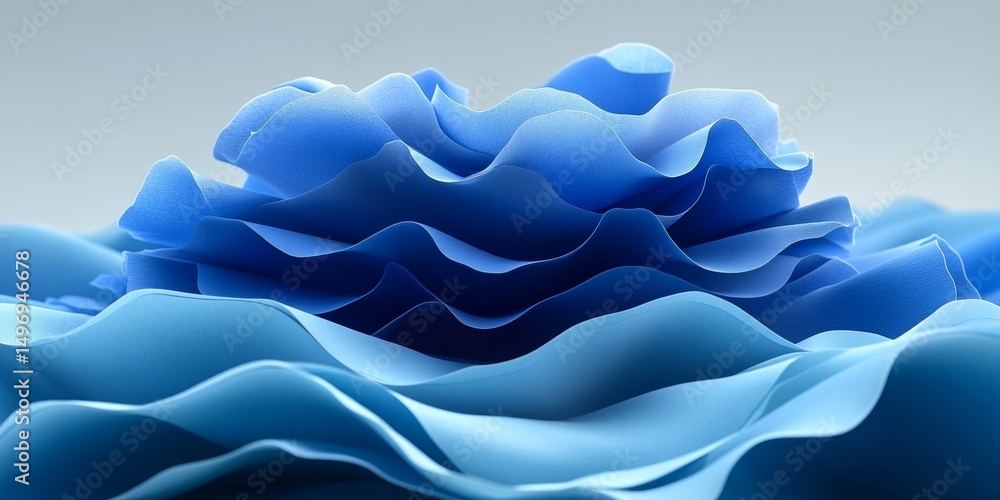 Poster dynamic waves abstract 3d render of layered indigo, cobalt paper folds on gradient background