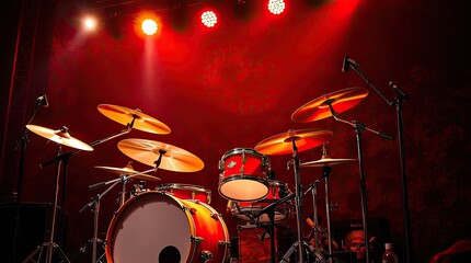 Red Lit Stage with Professional Drum Kit Setup