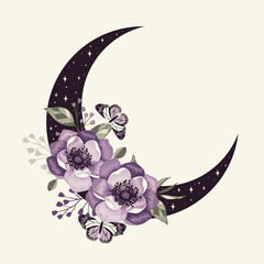 Bohemian crescent with stars and flowers. Alchemy esoteric magic talisman. Mystical symbol.
