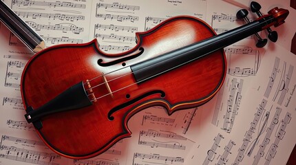 Richly toned violin rests gracefully on a bed of vintage sheet music