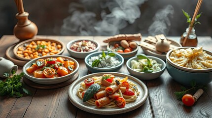 Rustic Italian dinner featuring pasta, vegetables, and herbs on wooden table