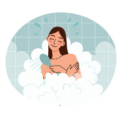 A woman in the shower. Morning routine and hygiene. Flat cartoon vector illustration.