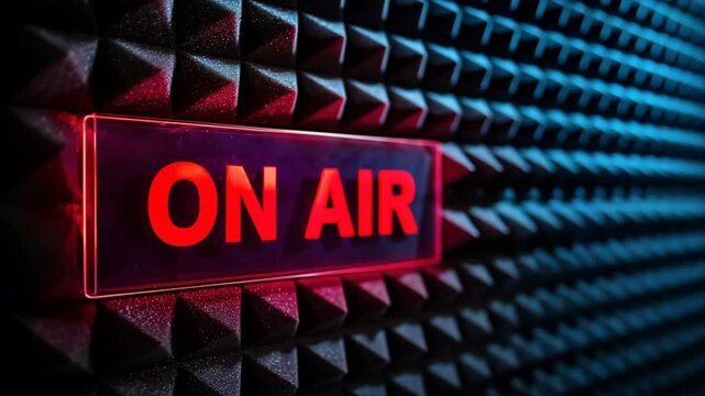 Dark red glowing on air text on studio background, classic podcast studio and social setup vibe for creators in empty studio setting