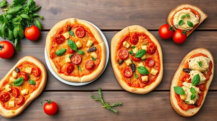 Rustic Italian feast featuring pizzas, bruschetta, tomatoes and fresh basil