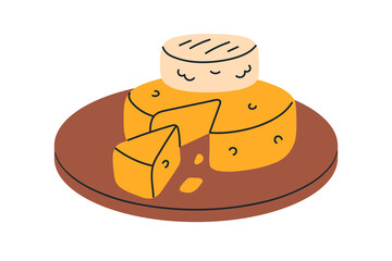 Cheese on wooden board. Artisan dairy product, fresh natural snack. Cut piece, camembert, brie and emmental wheels on platter, wood plate. Flat vector illustration isolated on white background