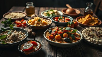 Rustic wooden table adorned with a diverse array of delicious dishes