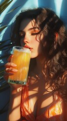Woman sipping orange juice in sunlit tropical setting with leaf shadows