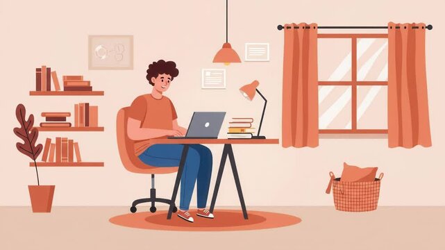 Work From Home Illustration. Man at Desk with Laptop. Ideal for work from home, work from anywhere, digital nomad.
