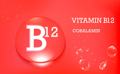 Vitamin B12, Cobalamin. water drops on a red gradient background. Poster