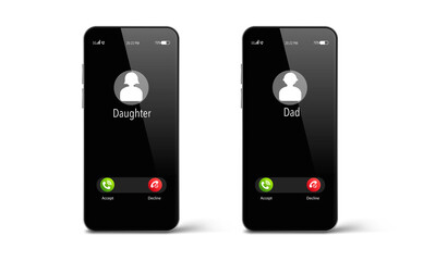 Incoming call screen on smartphone, daughter, dad. Interface, Accept, Reject buttons. Incoming call. Smartphone call screen template. copy space.