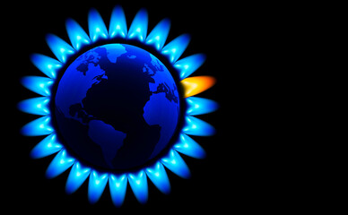 Gas crisis. Planet earth and blue flames of natural gas. Burning blue flame and one orange gas burner flame. copy space. Black background.