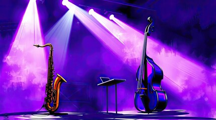 Saxophone and Double Bass on Stage Under Spotlights