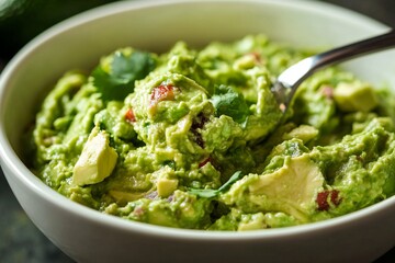 Creamy guacamole with visible avocado chunks being gently,  created by ai