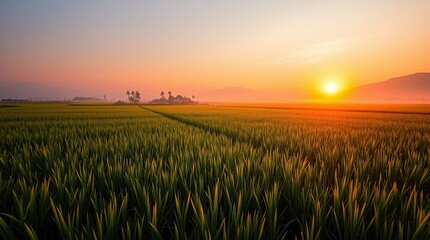 Scenic rice field at sunrise with golden light illuminating the landscape
