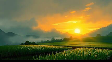Scenic rice field landscape with mountains and a golden sunset background