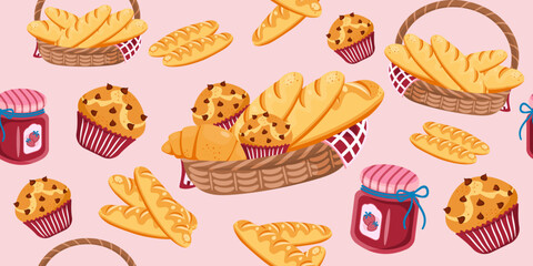 Seamless pattern with various baked goods include baguettes, muffins, croissants, and jam jars on a pink background. Ideal for fabric, packaging, and background.