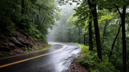 Fototapeta premium Winding Road Through Foggy Mountains After Rain with Lush Greenery and Mysterious Atmosphere