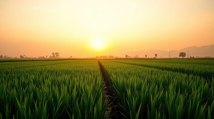 Scenic view of a vast green rice field bathed in the warm glow of sunrise