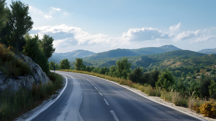 Fototapeta premium Winding road through lush green mountains sunny day