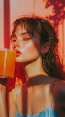 Young Brunette Woman Sipping Orange Juice with Dramatic Lighting Effects