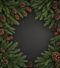 Lush fir branches & pine cones, rustic Christmas border ,  christmas design,  seasonal frame,  conifer