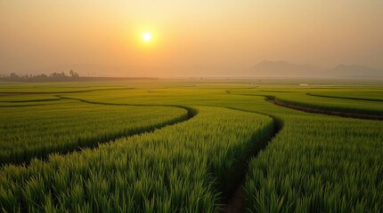 Serene golden sunrise illuminating a vibrant green rice paddy field landscape.