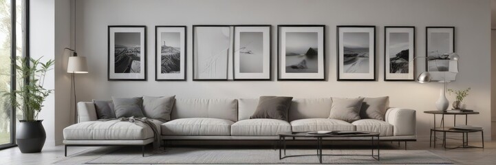 Minimalist living room, empty black frames on gallery wall,  living room,  wall decor