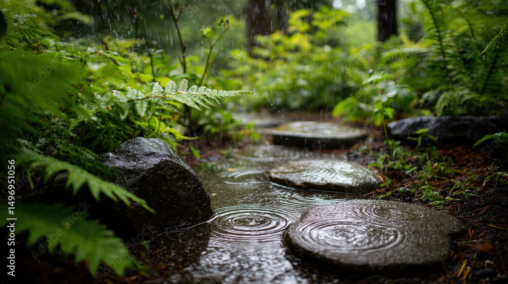 Poster soft rainfall on garden rocks creating rhythmic patterns in nature's tranquil pathway