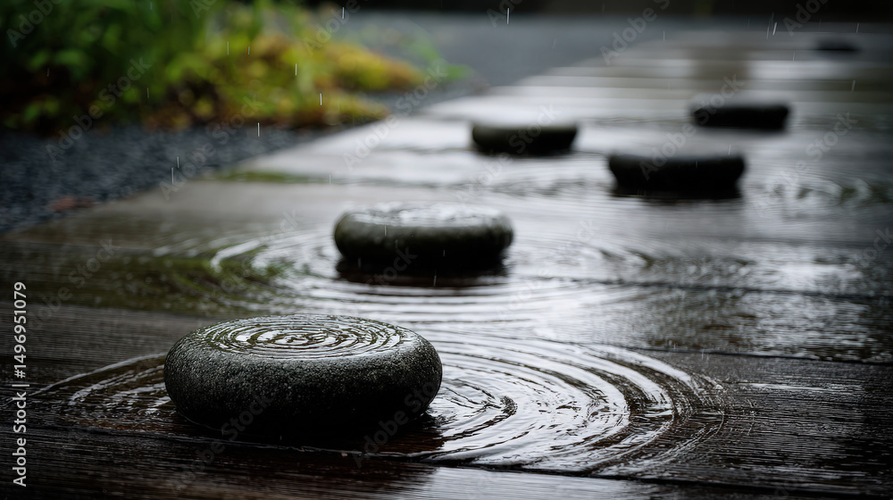 Poster tranquil garden stones under soft rain creating rhythmic patterns on wooden pathway