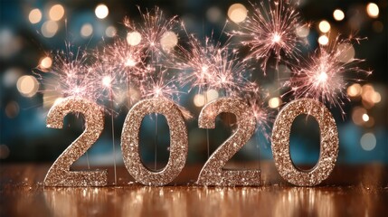Sparkling New Year Celebration 2020 Numbers In Glitter With Fireworks And Bokeh Background