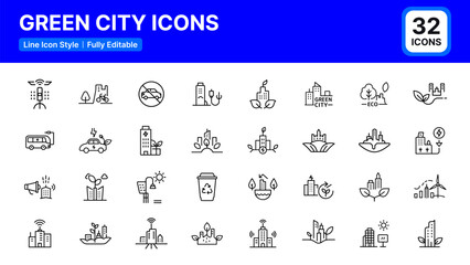 Green City Icons Set. Vector Line Icons of Tree, Eco Building, Solar Panel, Renewable, Bicycle, Nature, Energy, Ecology, Earth. Fully Editable and Scalable Design for Web, Mobile Apps, and Print.